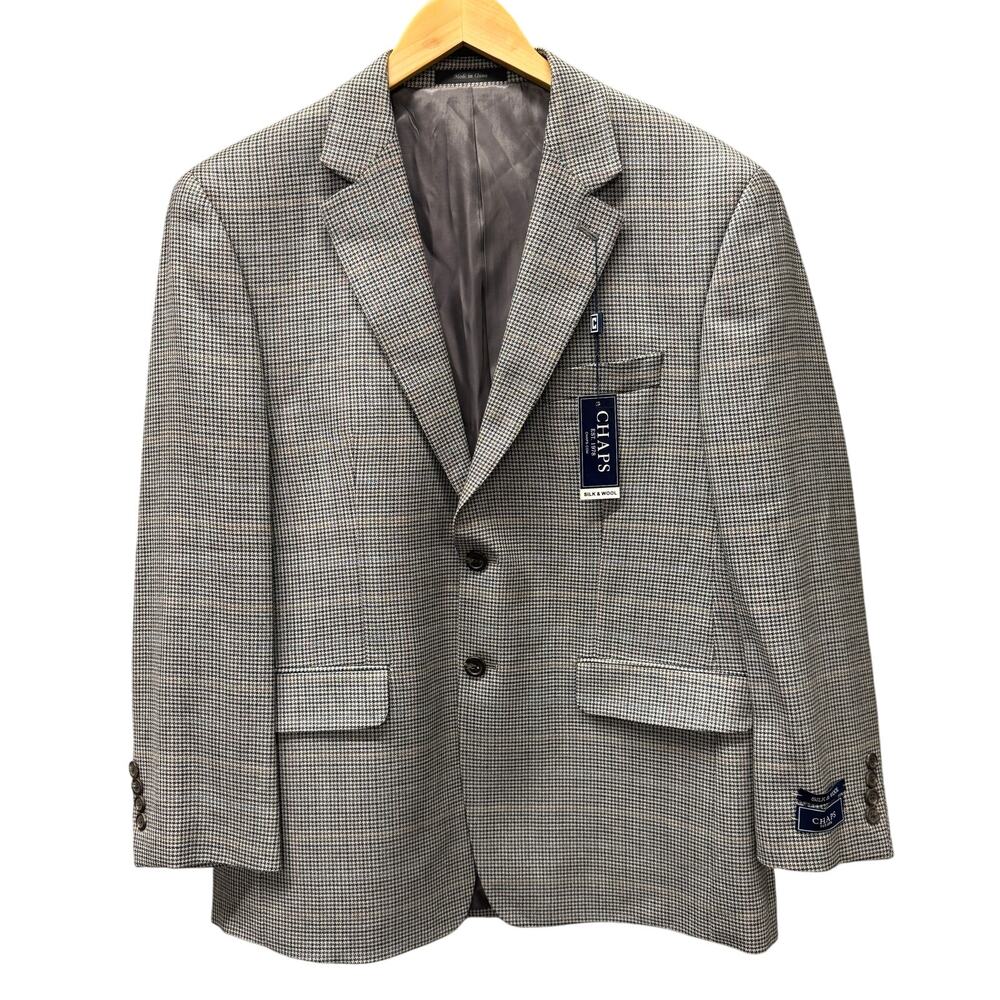 Chaps Blazer Mens 40 S Silk Wool Cooper Houndstooth Gray Sport Coat Jacket NEW
